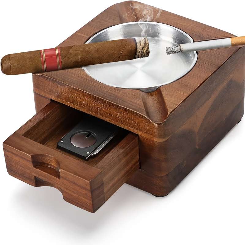 1pc Vintage Wooden Cigar Ashtray with Drawer Rectangular Tabletop Metal Interior Multipurpose
