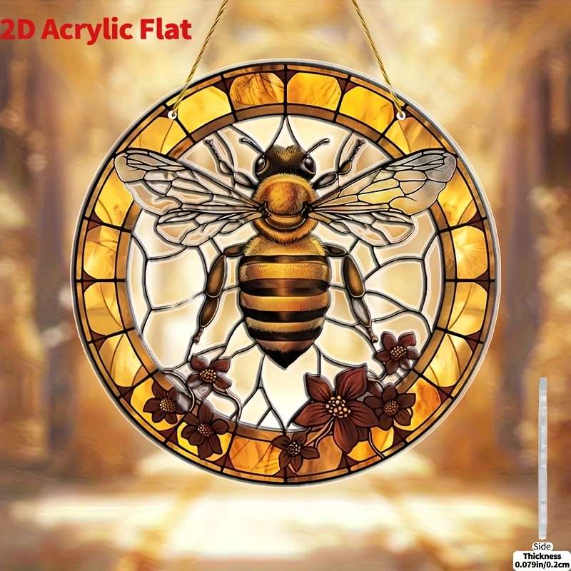 1pc 2D Flat  20.32x20.32 cm Bee Flower Stained Glass-Style Acrylic Suncatcher Vibrant Yellow