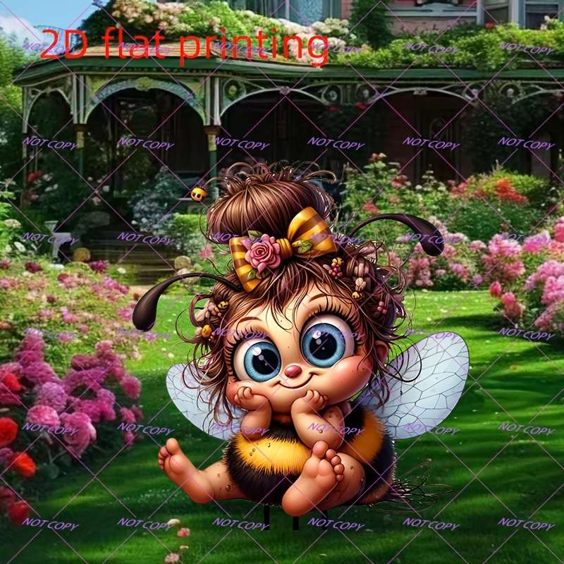 1pc 2D Flat  Whimsical  Printed Bee Garden Stake Adorable Cartoon-Style Bee with Flower Cr