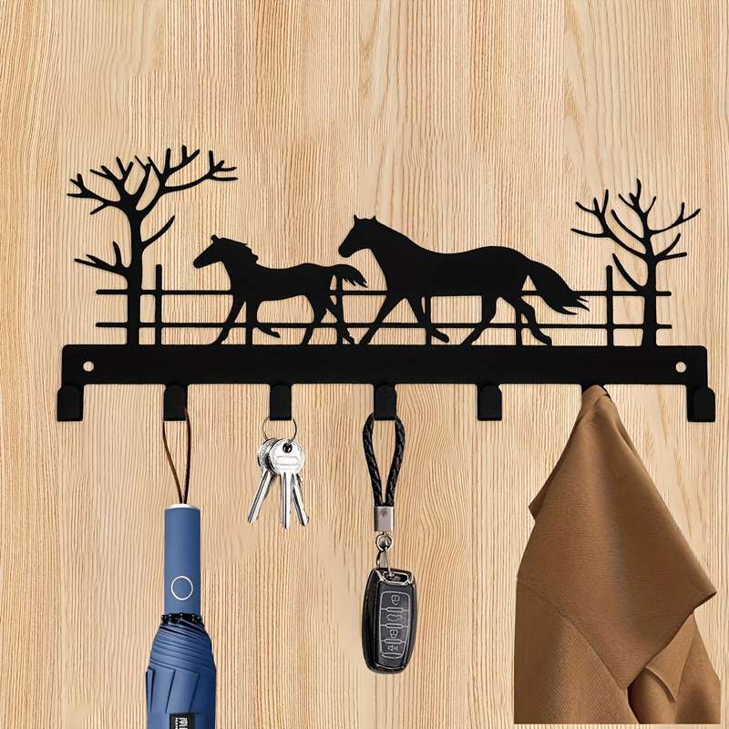 1pc Metal Wall Mount Key Holder Boho Style Black with 7 Hooks Easy Install for Entryw