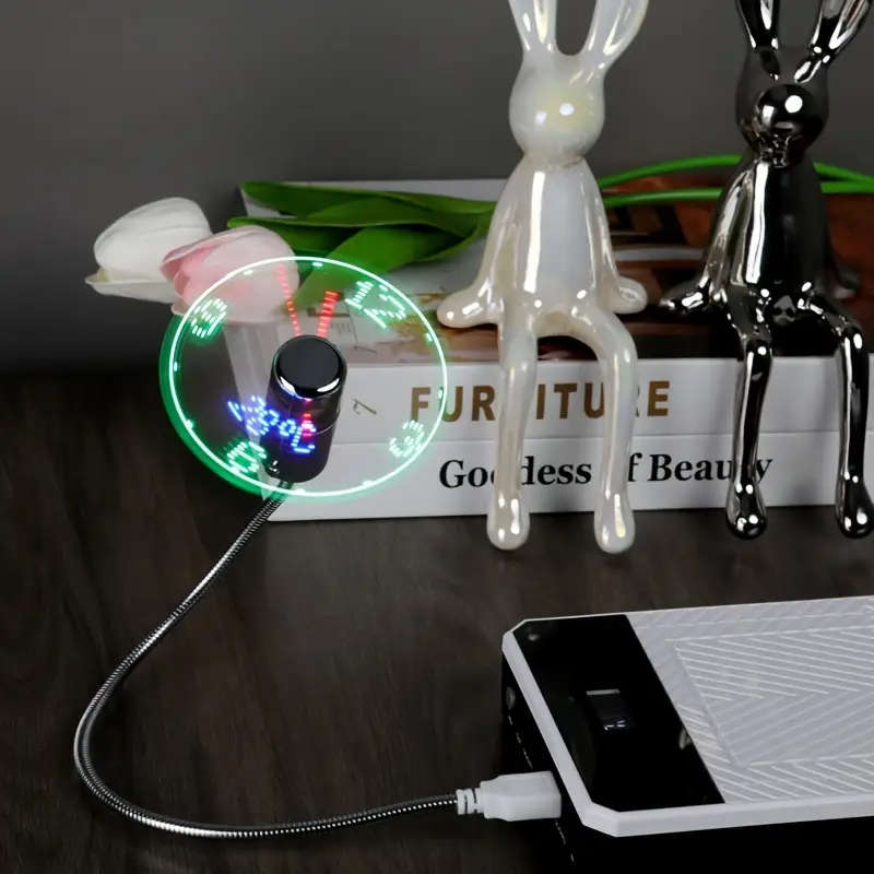 1pc Portable USB Clock Fan With Intelligent Creative Fashion Energy-saving LED Light Flashing Golden