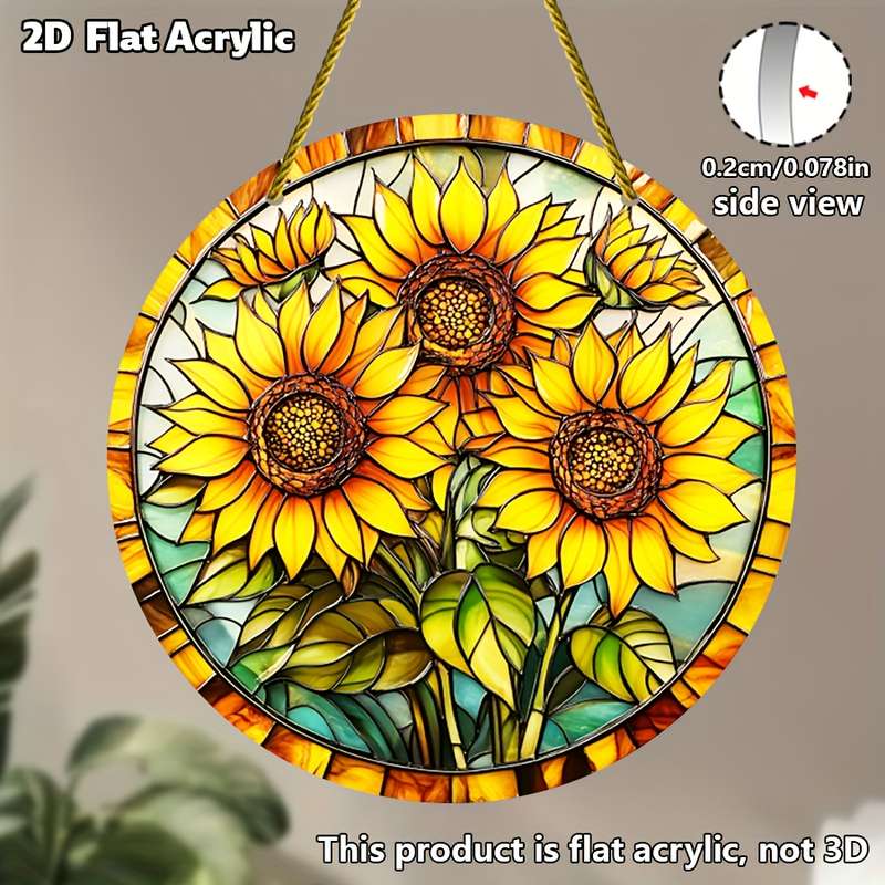 1pc 2D Flat   Sunflower Light Catcher20.32x20.32 cm round acrylic home window wall hang