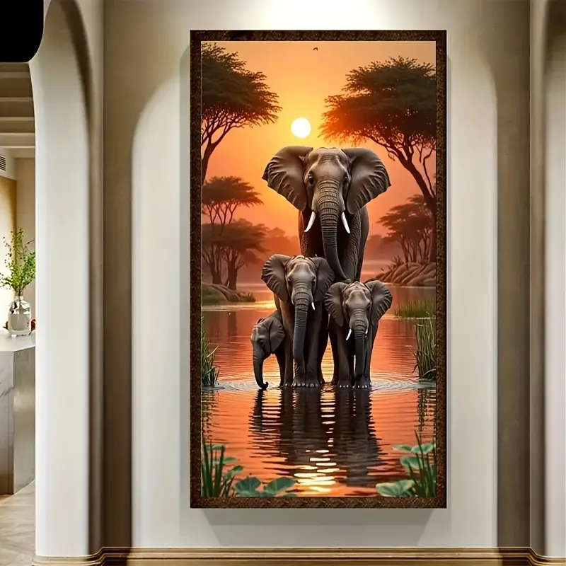 1pc 5D DIY Diamond Painting Kit Elephants and Sunset Scenery Full Drill Round Diamond Art Mosaic Cra