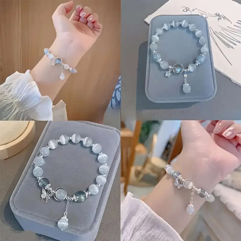 Gray Moonlight Bead Bracelet with Butterfly Pendant