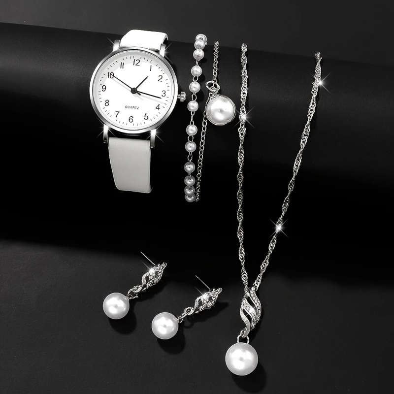 5pcs set Elegant Women's Round Quartz Watch Fashion Jewelry Set Eid Al-Adha Gift for Friends and Fam