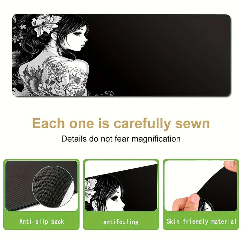 1pc 30x80cm Japanese-Inspired Floral Tattoo Girl Mouse Pad Non-Slip Waterproof Washable Desk Mat