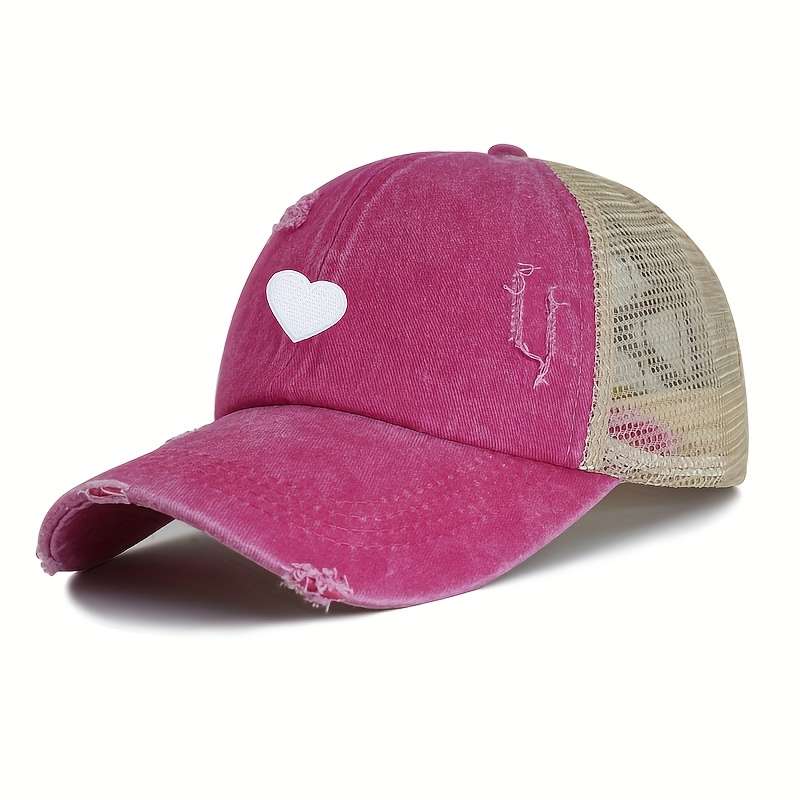 1pc Adjustable Women's Baseball Cap with Ponytail Hole Distressed Black Mesh Trucker Hat with Hear
