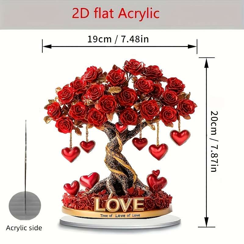 1pc 2D Flat   Bohemian Style Acrylic Heart Rose Tree Decor "Tree of Love" Golden Base with Re