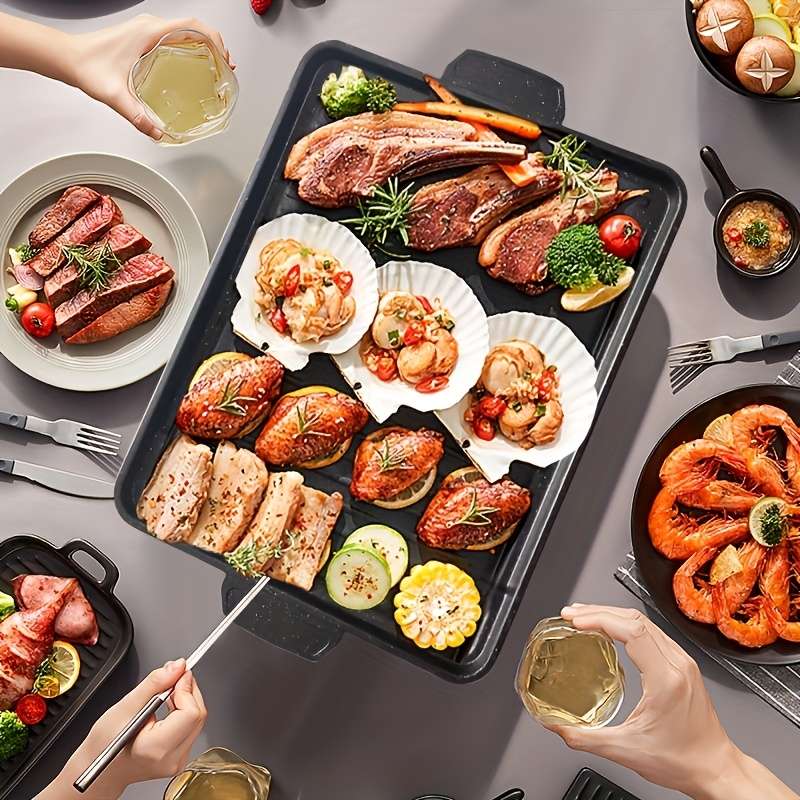 1pc Non-stick Grill Pan Smokeless Rectangular Grill Pan Stone Griddle Pan Baking Tray Barbecue