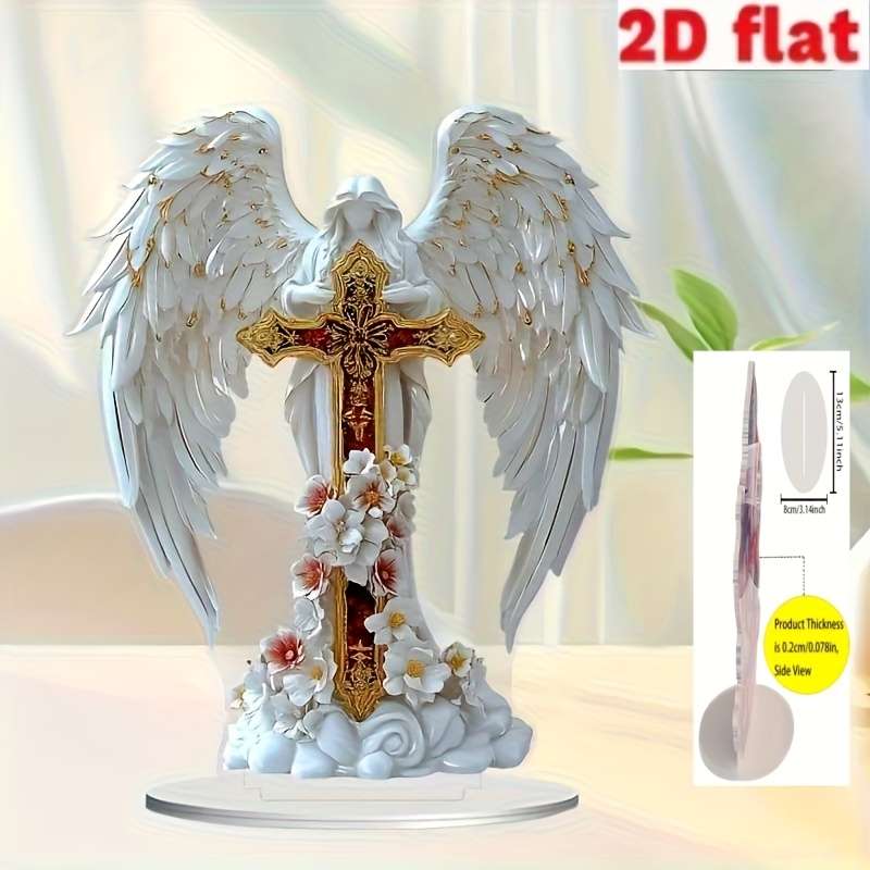 1pc 2D Flat  Acrylic Angel and Cross Centerpiece Decoration with Floral Decoration Suitable for P