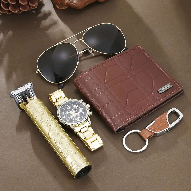 5pcs Men's Luxury Gift Set Golden-Tone Quartz Watch with Date Display Stylish Fashion Glasses Faux L