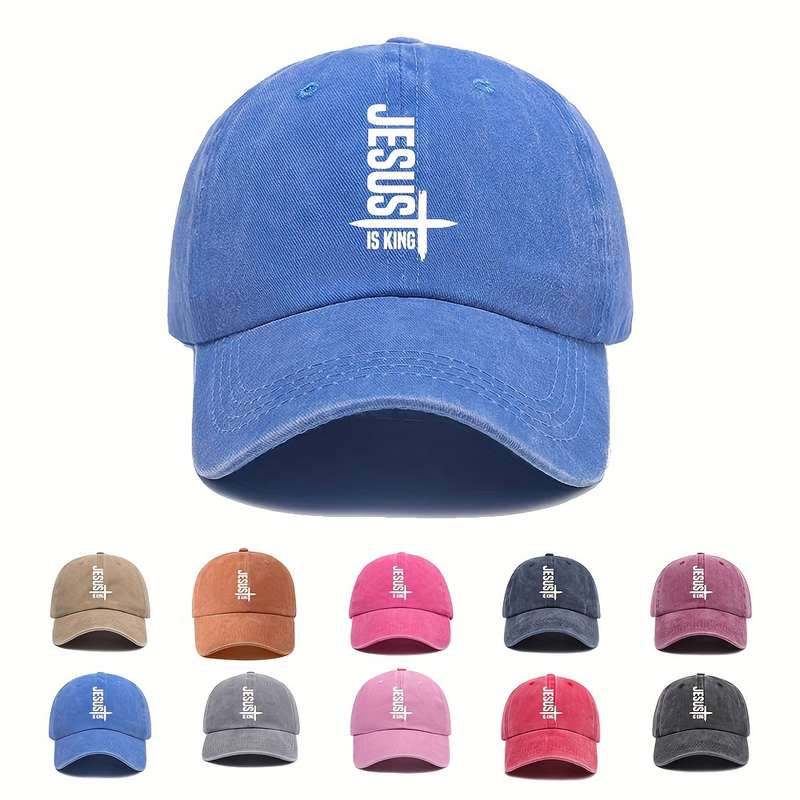 1pc Jesus Is King Print Unisex Baseball Cap 100% Cotton Washed Denim Adjustable Dad Hat with Lightw