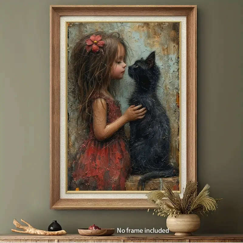 1pc Canvas Wall Art Print Little Girl with Black Cat Painting Poster for Home Office Decor Non-Solid