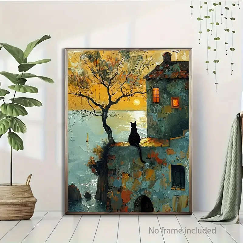 1pc Charming Black Cat Sunrise Canvas Art Painting 12x16 Inch