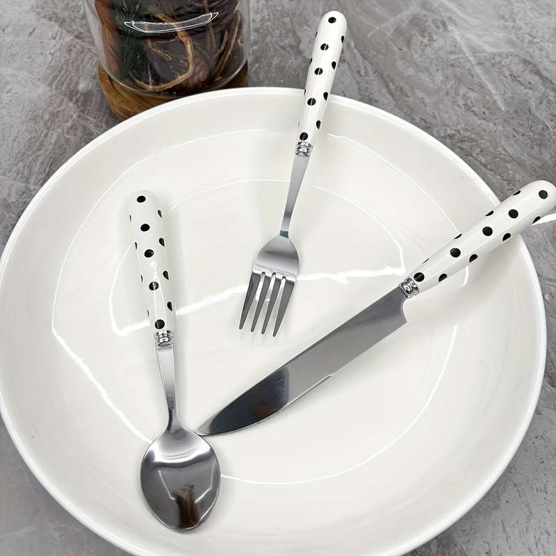 4pcs Stainless Steel Cutlery Set with Polka Dot Ceramic Handles Includes Knife Fork Spoon