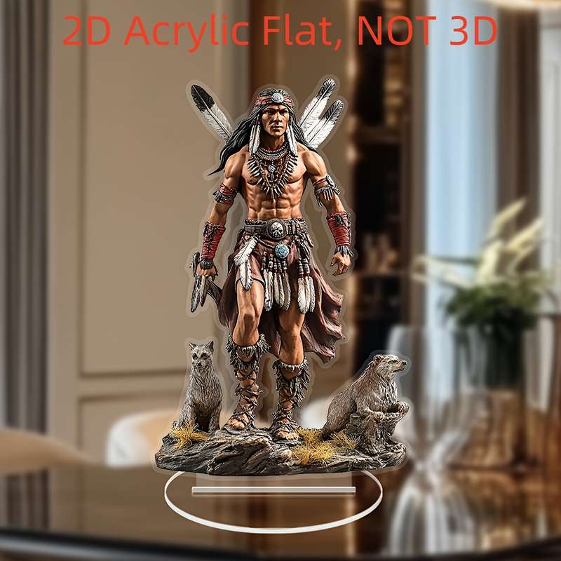 1pc 2D Flat  Bohemian Style  Acrylic Statue Native American Chief Wolf Scene Vintage Desk De