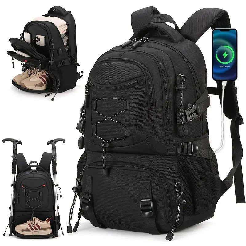 1pc Large Capacity Laptop Backpack with Shoe Storage Casual Polyester Travel Bag Outdoor Hiking Ruck
