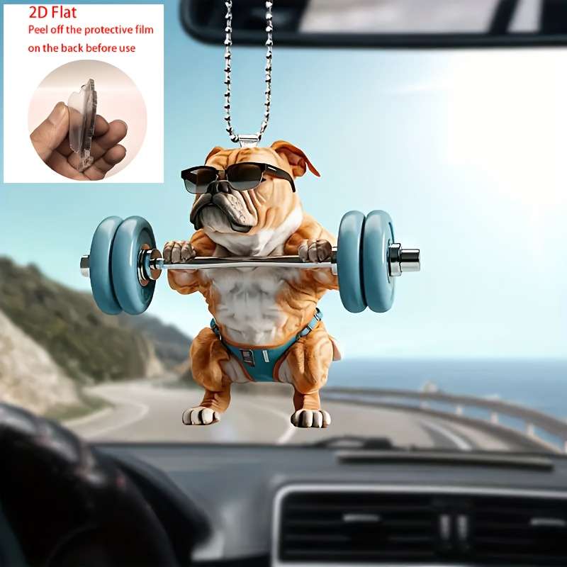 1pc 2D Flat   Funny Bulldog Acrylic Pendant with Glasses Dumbbells 7.98cm Fitness-Themed Ca