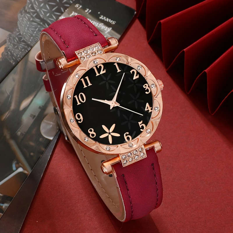 6pcs set Beautifully Designed Printed Rhinestone Quartz Watches with Digital Dial And Bracelets
