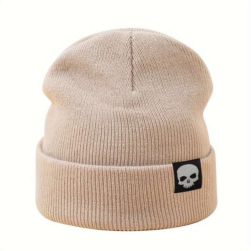 1pc MAKEFGE Skull Logo Knit Beanie Warm Stretchy Acrylic Winter Hat for Men Funky Style Handw