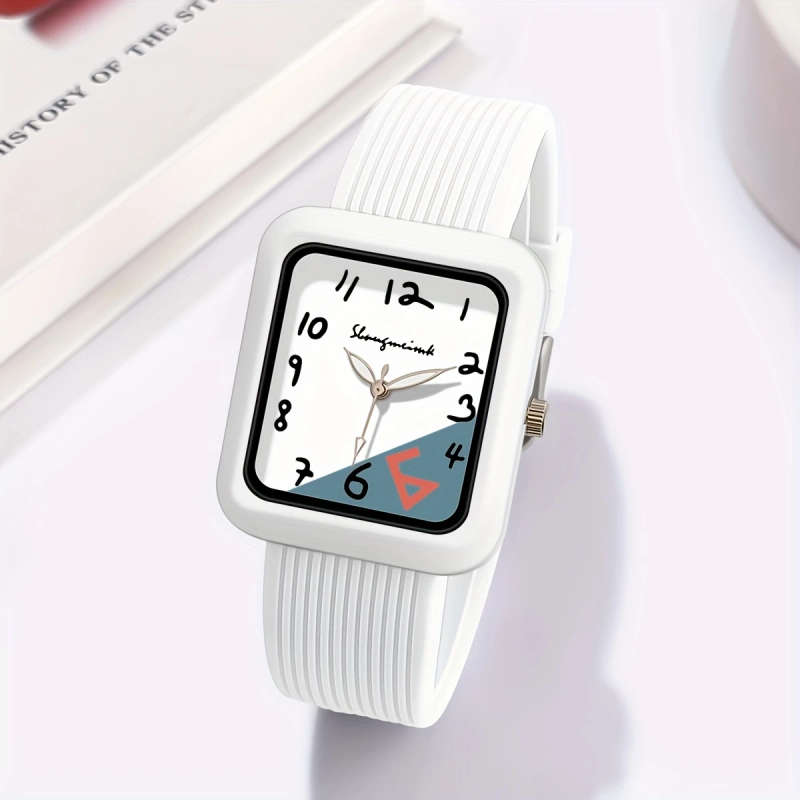1pc Fashionable Quartz Watch With Striped Silicone Strap Colorblock Dial Rectangular Case Elegant