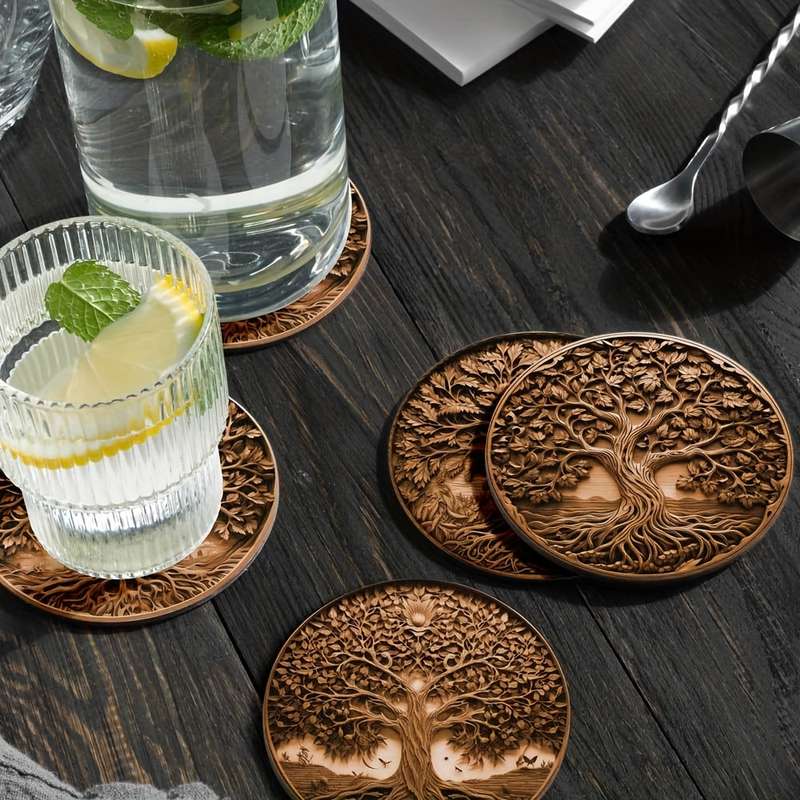 4pcs Tree of Life Wooden Trivet Set Heat Resistant Pot Holder Round Non-Slip Coasters for Ki