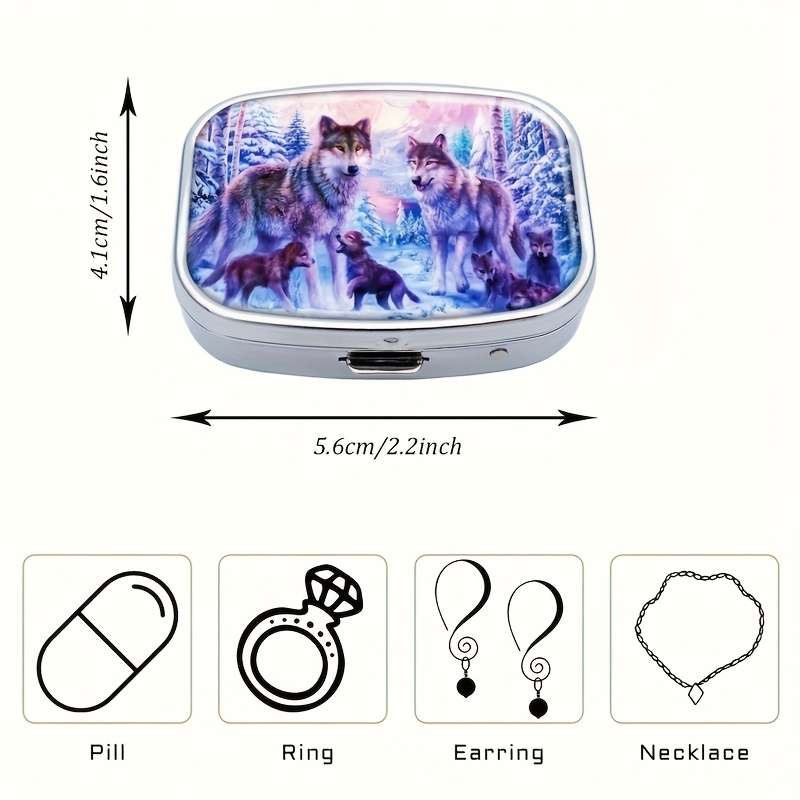 1pc Wolf Family themed mini pill box double compartment design portable travel pill storage b