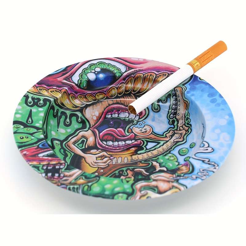 1pc Round Iron Ashtray with Various Patterns Portable High-End Ashtray for Travel Home Outdo