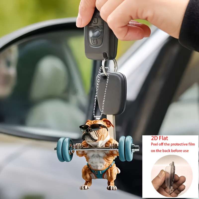 1pc 2D Flat   Funny Bulldog Acrylic Pendant with Glasses Dumbbells 7.98cm Fitness-Themed Ca