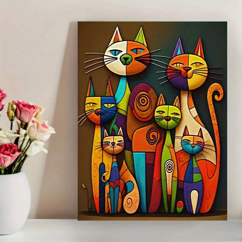 1pc Colorful Abstract Cat Canvas Art Frameless 30.48x40.64cm Vibrant Rainbow Cartoon Animal Wall Dec