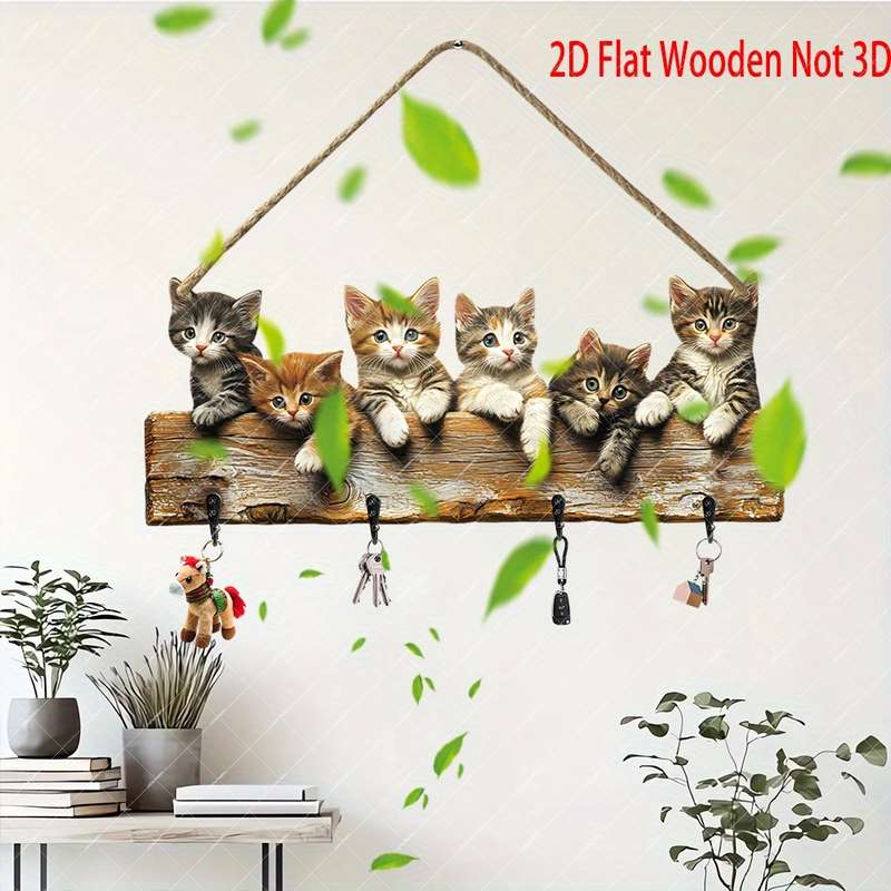 2D Flat Charming 2D Flat Wooden Key Hanger with Adorable Kitten Design"Together We Create Happi