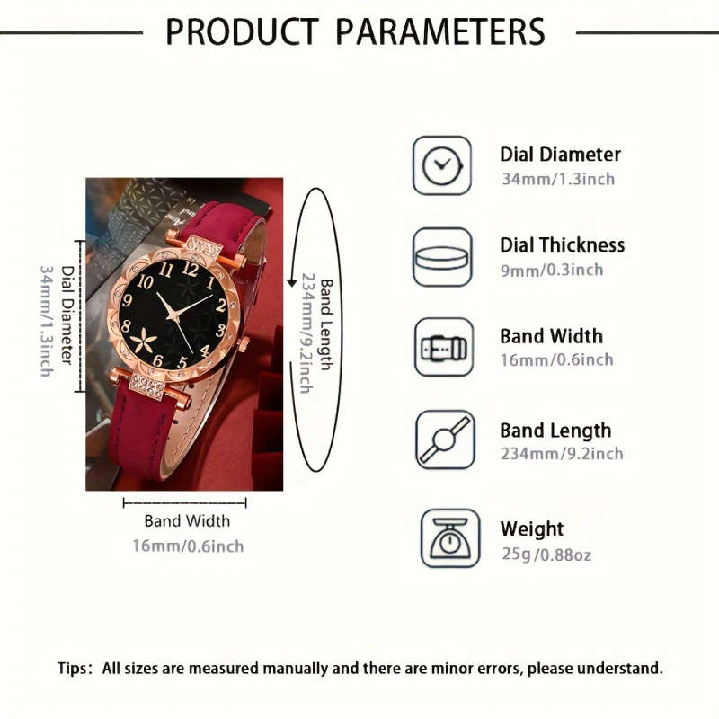 6pcs set Beautifully Designed Printed Rhinestone Quartz Watches with Digital Dial And Bracelets