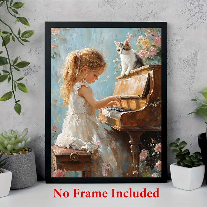 1pc  Oil on Canvas Frameless 30.48X40.64 cm Little Girl Playing The Piano Home Decoration
