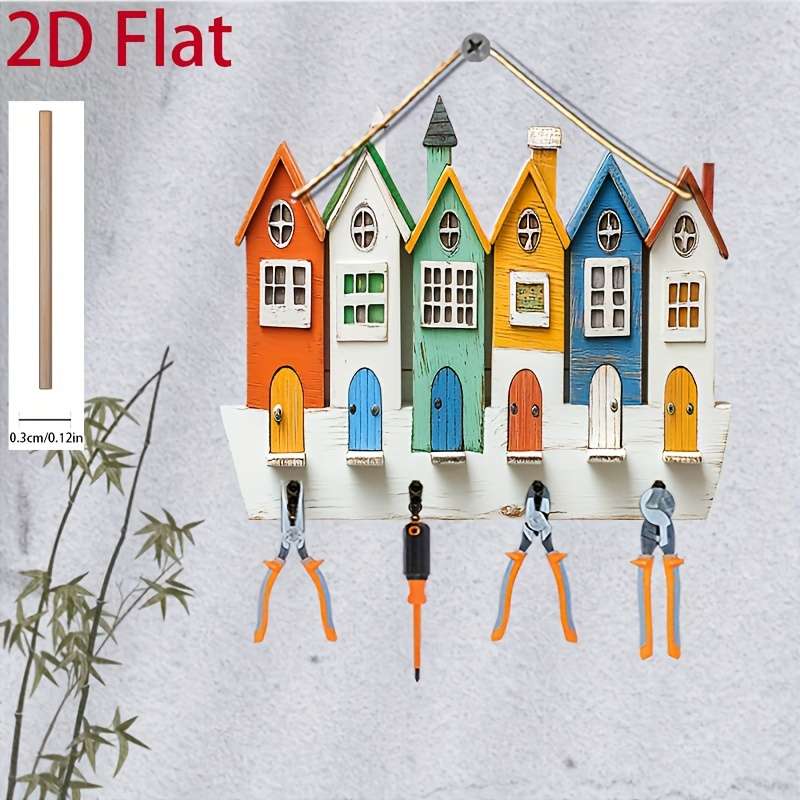 2D/Flat 1pc Colorful House Simple and Colorful Wooden Home Key Hanger with Four Metal Hooks 2D/Fla