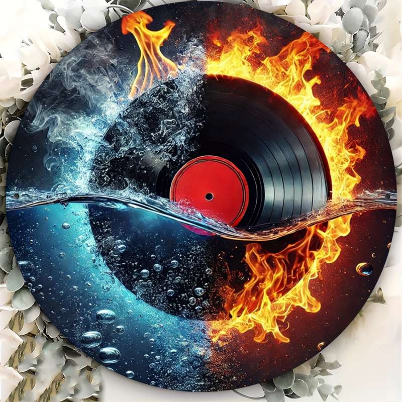 1pc 20cm Fire and Water Vinyl Record Themed Metal Sign Art Set Durable Iron Retro Music Wall Deco