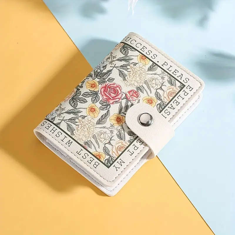 1pc Chic Women's Floral Credit Card Holder Compact Faux Leather Wallet with Snap Closure Large Capac