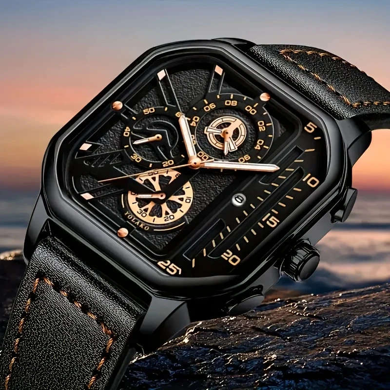 1pc Men'S Vintage Sports Chronograph Watch Large Square Dial Faux Leather Strap Quartz Movement Cale