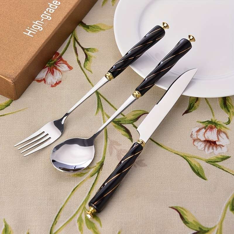 6pcs Western Knife Fork Spoon Stainless Steel Cutlery Set Black Threaded Ceramic Handle Stea