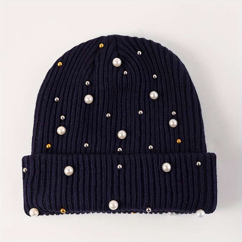 1pc of Women'S Fashion Pearl Decorated Knitted Hat Without Brim Suitable for Autumn And Winter