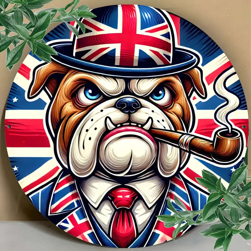 1pc Vintage Bulldog with Union Jack Design Aluminum Wall Art Sign Durable Metal Decor for Bedroom Ki