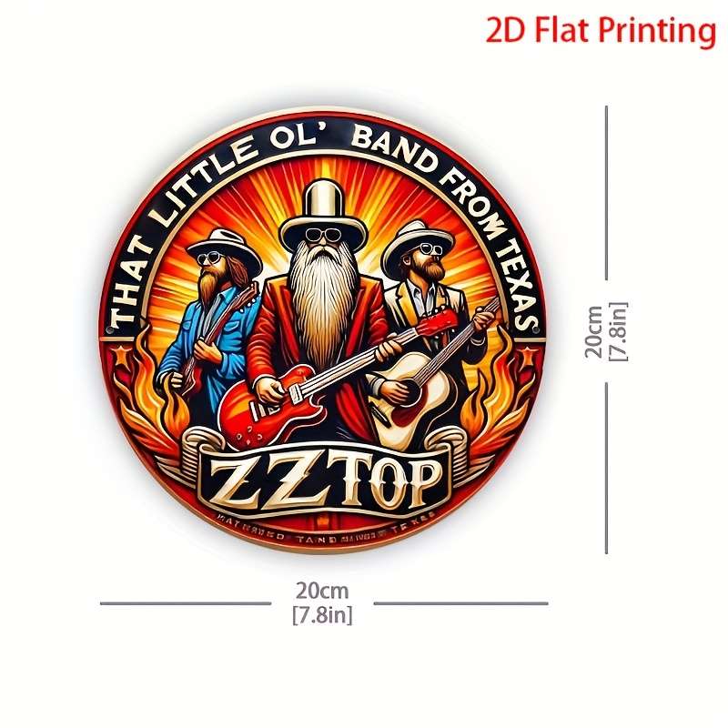 1pc 2D Flat Round 20.32x20.32 cm Vintage ZZ Top Aluminum Round Sign es Fiery Texas Band Desig