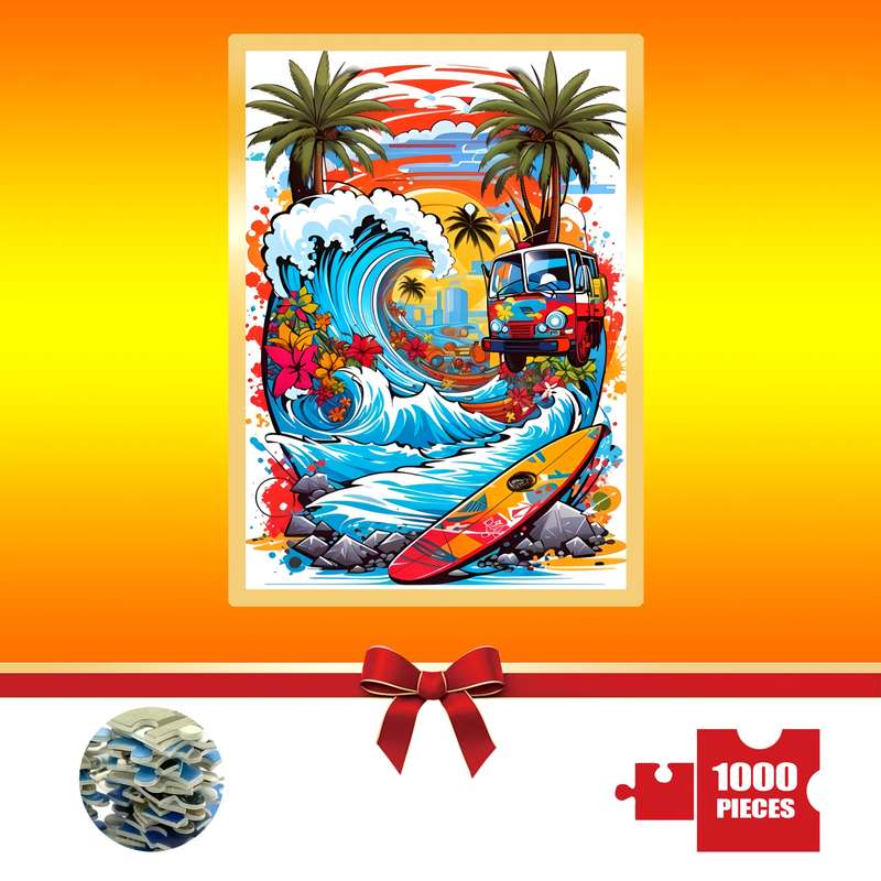 1000pcs Surfboard Jigsaw Puzzle Vibrant Beach Scene with Palm Trees Surfboards R