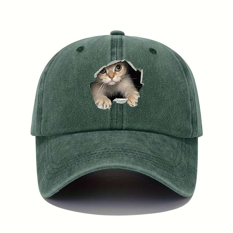 1pc Vintage Washed Cotton Baseball Cap with 3D Cat Print Adjustable Stretch Fit Lightweight All-S