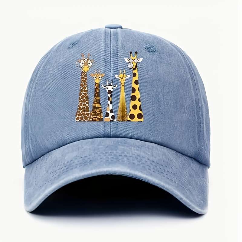 1pc Unisex Cotton Baseball Cap with Cartoon Giraffe Print Adjustable Washed Sun Hat Lightweig