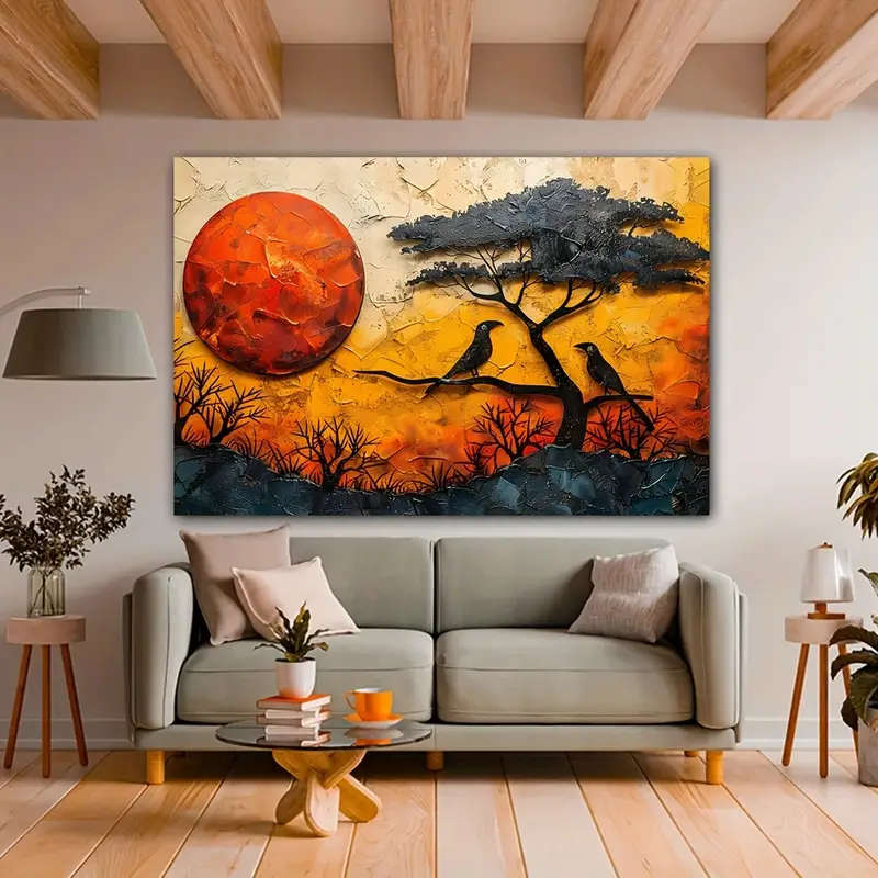 1pc Frameless Modern Abstract African Tree Bird Canvas Wall Art Warm Tones Sunset Scenery Decorative