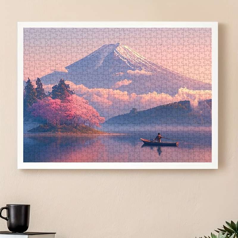 1000pcs Challenging Jigsaw Puzzle for Adults Mountain Lake Scene with Cherry Blosso
