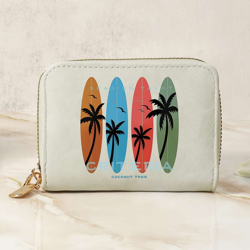 1pc Tropical Print Women's Compact Wallet Stylish Zippered Clutch with Multiple Slots Durable PU