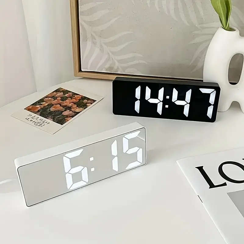 1pc Modern LED Mirror Table Alarm Clock Digital Display with Snooze Function USB Powered Rectangle D