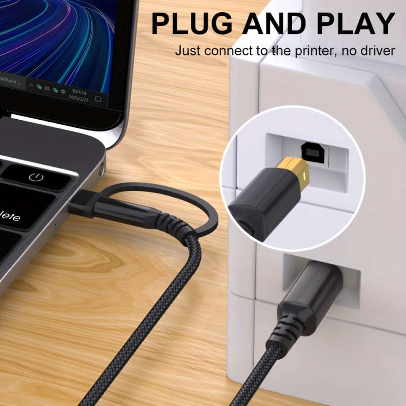 1pc 500cm Printer Cable 2-in-1 USB-A C to USB-B Cable USB C MIDI Cable Braided High Speed Printer