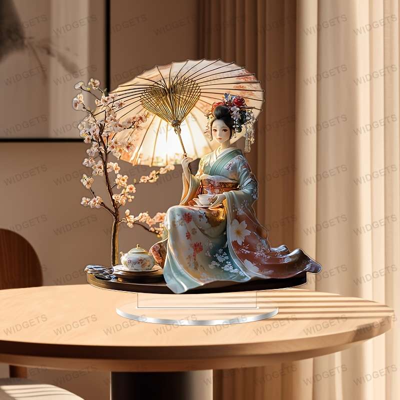 1pc 2D Flat  Elegant Geisha and Cherry Blossom Acrylic Decor with Stand 19.99cm x 19.99cm Vintage